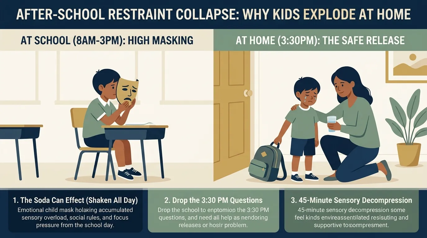 After-School Restraint Collapse: Why kids mask at school and explode at home clinical infographic