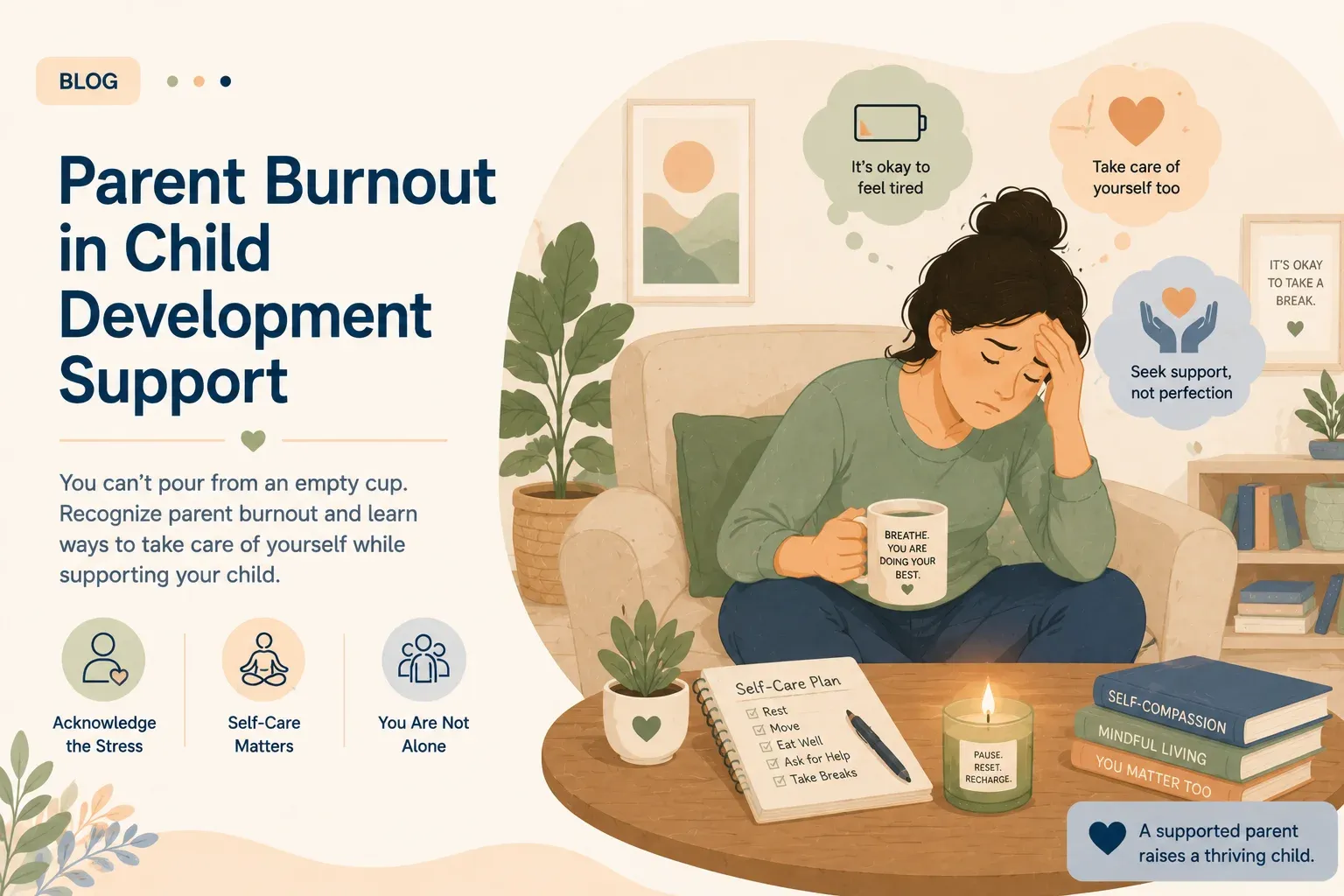 Exhausted parent sitting on the couch with their head in their hands while a child plays nearby