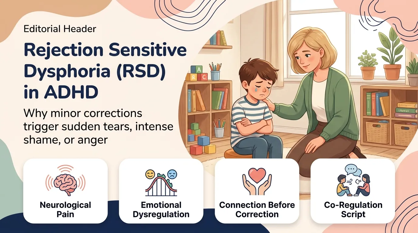 Rejection Sensitive Dysphoria in ADHD children infographic showing emotional dysregulation and co-regulation tools