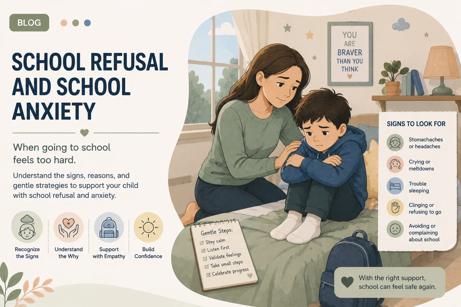 Parent comforting an anxious child who is wearing a school backpack