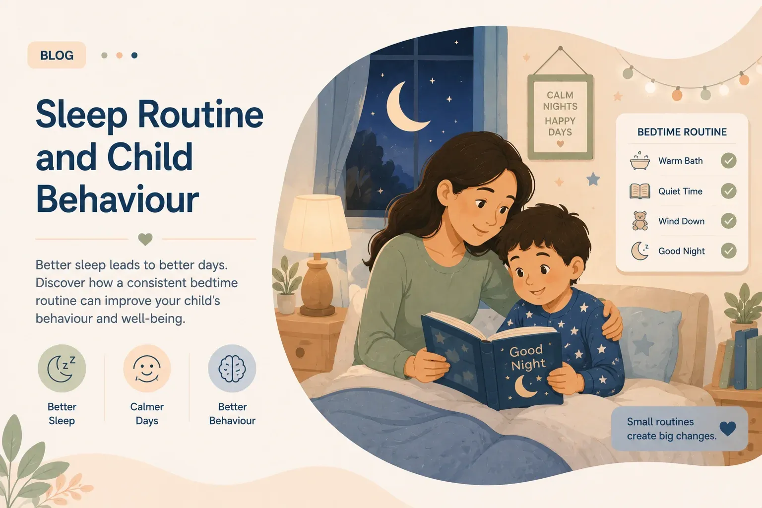 Parent reading a bedtime story to a calm child in a dimly lit room