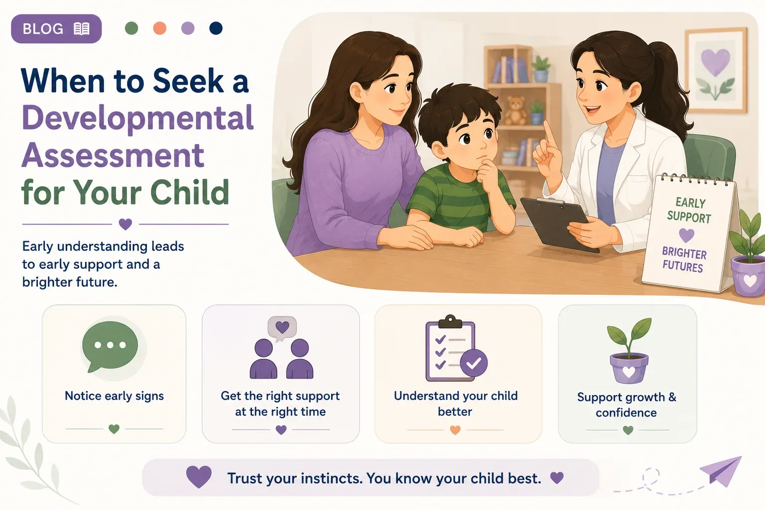 Parent and clinical psychologist discussing developmental notes in a calm office